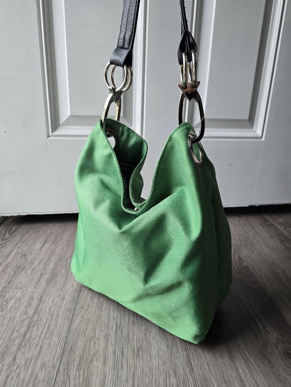Braciano Green Nylon Hobo Shoulder Bag Y2K Silver O-Ring Zebra Print Lining